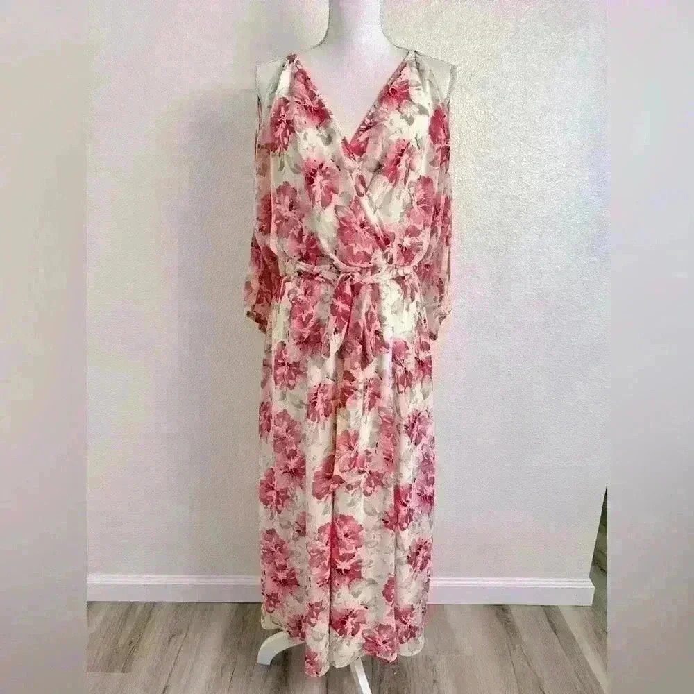 Anne Klein Floral Print Cold Shoulder Belted Dress Size 0X - Picture 3 of 10